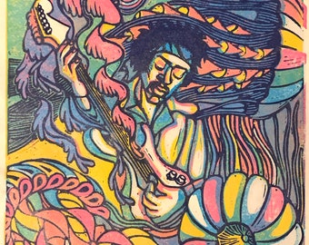 Jimi Hendrix Lino Cut Print