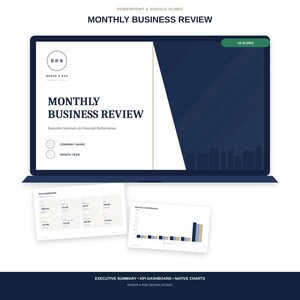 May include: A digital presentation template for PowerPoint and Google Slides titled Monthly Business Review. The layout features a dark blue and white color scheme, including a KPI dashboard slide and a revenue performance bar chart slide.