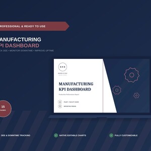 Puede incluir: Una plantilla de presentación digital para un panel de KPI de fabricación en la pantalla de una computadora portátil. El diseño presenta un fondo azul oscuro con texto blanco, iconos de engranajes y una franja roja. Incluye 15 diapositivas para el seguimiento de OEE, tiempo de inactividad y tiempo de actividad, con gráficos editables y campos personalizables.