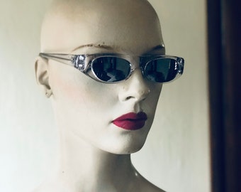 clear rectangle sunglasses mirror lens, iced out, sci fi, unisex retro cyber goth futuristic sunglasses NOS 1990s Hi Tek Junior