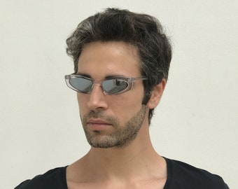 clear rectangle sunglasses mirror lens, iced out, sci fi, unisex retro cybergoth futuristic coffin shaped sunglasses NOS 1990s Hi Tek Junior