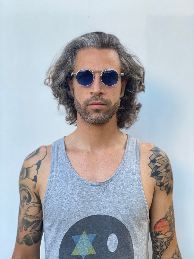 round sunglasses spring on temples Steampunk sunglasses silver metal Goth Retro sunglasses unisex Techno Rock NOS 1990s image 2