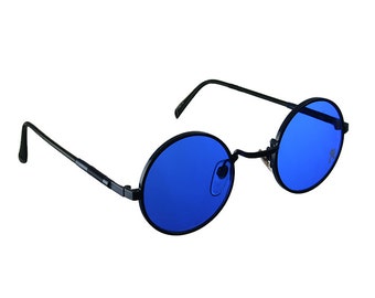 blue round metal sunglasses cobalt blue lens Retro Goth Steampunk  unisex NOS 1990s Hi Tek Junior