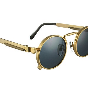 round sunglasses gold vintage Retro unisex Steampunk Goth spring on temples polarized lens NOS 1990s image 1