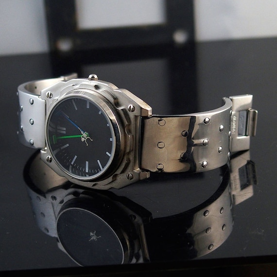 Mens wrist watch vintage, minimalistic design Goth Cyber punk Hi Tek Watch  gift for him