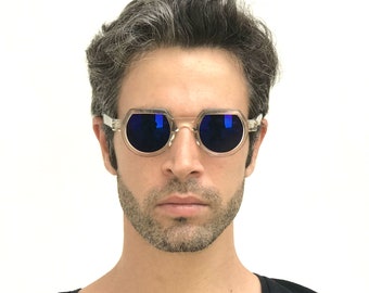 round flat top sunglasses clear plastic frame blue mirror lens retro Goth Steampunk Hi Tek Junior