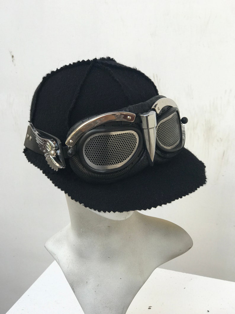 Baseball cap with goggles black wool motorcycle goggles Etsy