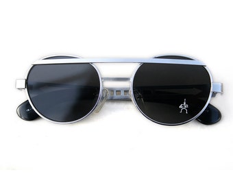 round silver metal sunglasses, rock retro vintage Steampunk sunglasses flat lens NOS 1990s