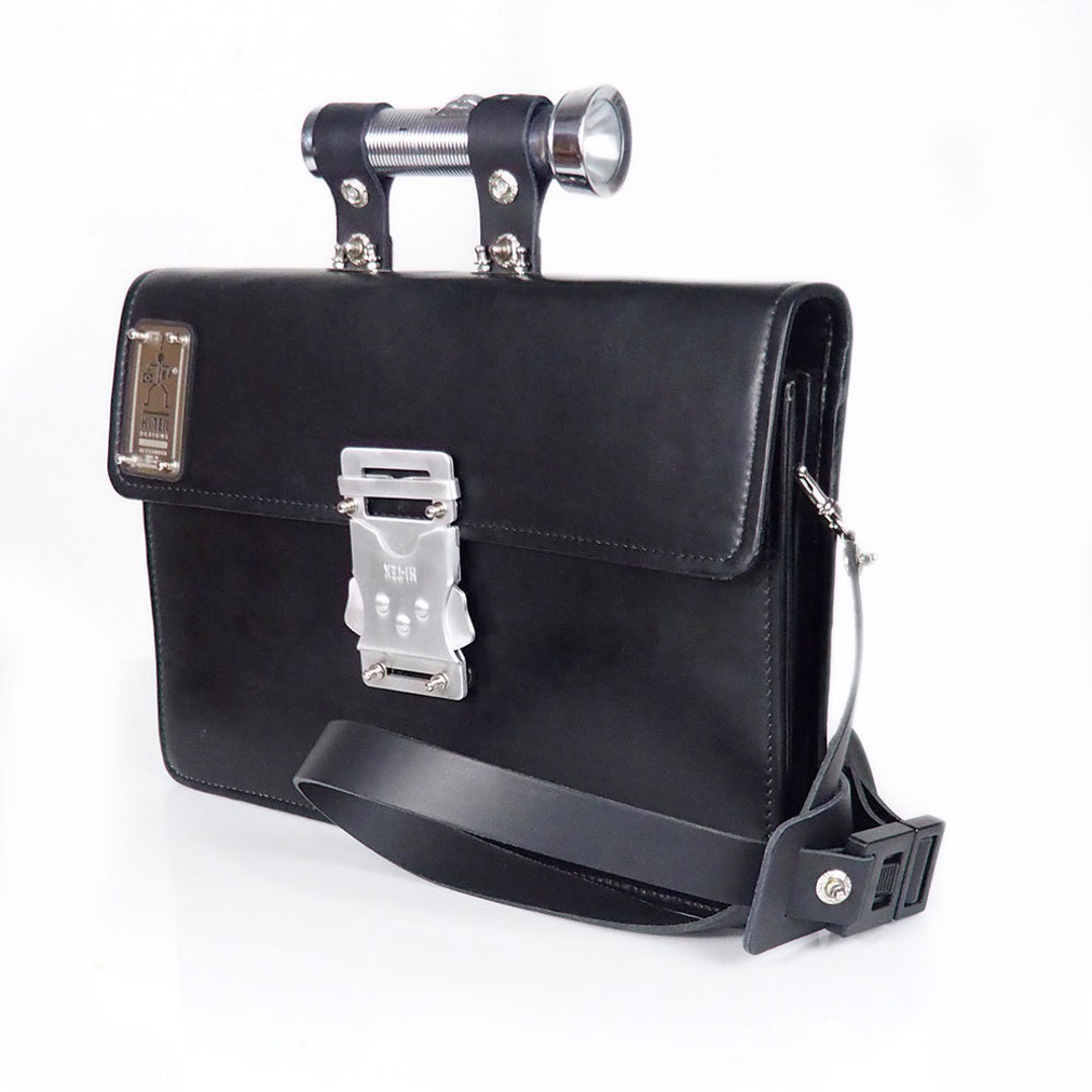 Vintage crossbody bag in black leather Goth industrial Steampunk