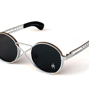 Runde Sonnenbrille Steampunk Sonnenbrille Vintage runde Silber Metall Sonnenbrille Techno Rock Industrie NOS HT-4008 ungewöhnlich