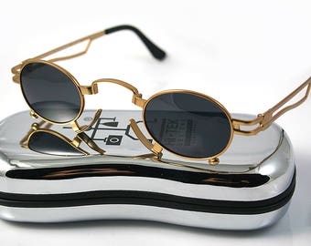 gold oval sunglasses retro Goth Steampunk Dracula Vampire pince-nez stainless steel unusual unique sunglasses polarised lens NOS