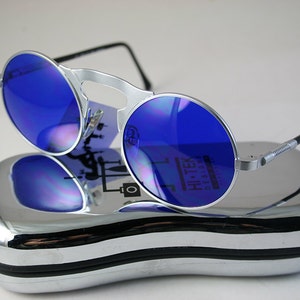 Round sunglasses Steampunk sunglasses unisex vintage round silver metal sunglasses cobalt blue lens John Lennon style