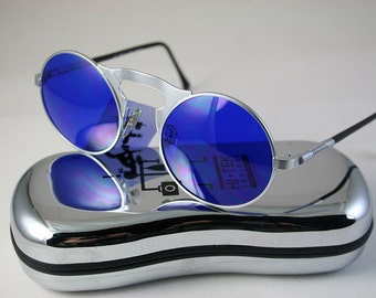 Round sunglasses Steampunk sunglasses unisex vintage round silver metal sunglasses cobalt blue lens John Lennon style