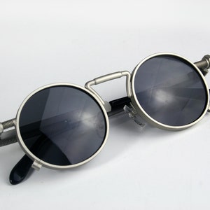 round sunglasses spring on temples Steampunk sunglasses silver metal Goth Retro sunglasses unisex Techno Rock  NOS 1990s