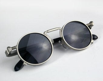 round sunglasses spring on temples Steampunk sunglasses silver metal Goth Retro sunglasses unisex Techno Rock  NOS 1990s