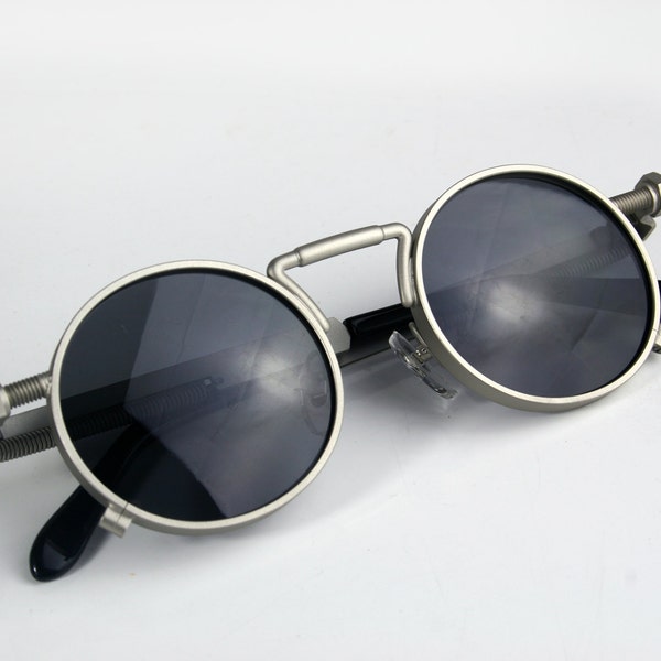 Runde Sonnenbrille Frühling auf Tempel Steampunk Sonnenbrille Silber Metall Goth Retro Sonnenbrille unisex Techno Rock NOS 1990er Jahre