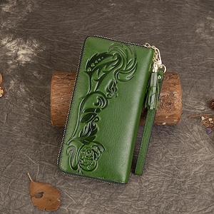 Cartera original de piel cepillada a mano para mujer, monedero de gran capacidad con relieve, ranuras para tarjetas y portadocumentos.