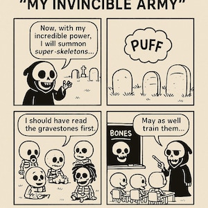 May include: A black and white comic strip illustration of a skeleton character summoning super-skeletons from a graveyard. The comic strip includes the text "MasaMortis" and "My Invincible Army".