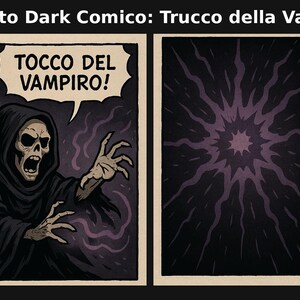 Può includere: Un pannello di fumetto con uno sfondo scuro. Una figura incappucciata con un viso di teschio tiene un libro e uno scettro. La figura dice "TOCCO DEL VAMPIRO!" Il pannello successivo mostra un vortice scuro e vorticoso. Il pannello finale mostra una donna vampiro con lunghi capelli neri e un vestito rosso. Lei dice "TRUCCO DEL VAMPIRO..."