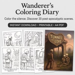 Può includere: Un libro da colorare in bianco e nero con il titolo "Wanderer's Coloring Diary". La copertina presenta un'illustrazione in bianco e nero di due scheletri in piedi davanti a un cartello a forma di cuore che dice "Tunnel of Love".