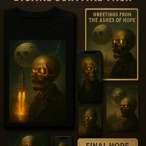Può includere: Una maglietta nera e vari articoli digitali con la scritta "FINAL HOPE DIGITAL SURVIVAL PACK". L'opera d'arte presenta un teschio con occhi luminosi, un razzo e la scritta "GREETINGS FROM THE ASHES OF HOPE".
