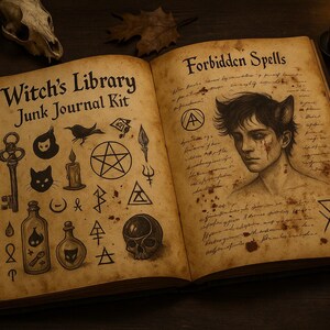 Può includere: Libro aperto con i titoli "Witch's Library Junk Journal Kit" e "Forbidden Spells". Le pagine presentano illustrazioni di chiavi, gatti, bottiglie e un ritratto di una persona con orecchie da lupo. Una candela accesa e un teschio sono sullo sfondo.