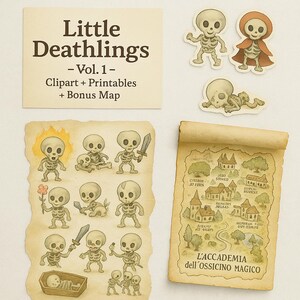 May include: A set of printable digital clipart featuring cute skeleton characters in various poses. The clipart includes a bonus map titled "L'Accademia dell'Ossincino Magico".