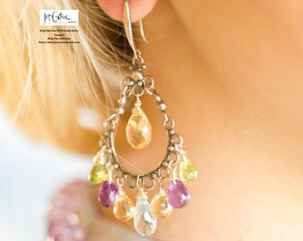 Multi Gemstone Dangle Earrings Sterling Silver, Colorful Chandelier Gemstone Earrings, Handcrafted One Of A Kind Dangle Earrings