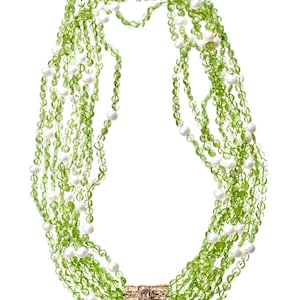 Peridot and Pearl Multi-Strand Necklace – August Birthstone Statement Jewelry with Gold Clasp