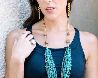Long Turquoise Statement Necklace, Pyrite & Gold Boho Jewelry