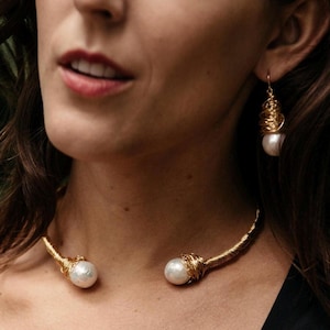 Large Baroque Pearl Wire Wrapped Collar Necklace In Silver And Gold, Adjustable Baroque Pearl Necklace, Wedding Jewelry Set