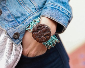 Handmade Turquoise Heishi Bracelet, Jade Buddha Clasp, Sterling Silver, Bohemian Jewelry