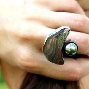 Iridescent Tahitian Pearl & Abalone Statement Ring,  Handcrafted Sterling Silver Ocean-Inspired Jewelry