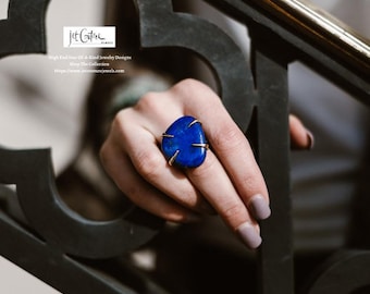 Natural Lapis Lazuli Ring Sterling Silver, Blue Lapis Ring Gold,  One Of A Kind Ring For Her,  Handmade Statement Ring Silver and Gold