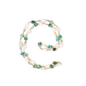 Boho Chic Gold Chain Necklace with Baroque Pearls and Turquoise – Long Layering Statement Jewelry – Handmade Designer Gift