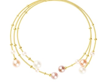 Elegant Freshwater Pearl Collar - Make a Statement in This 18k Gold-Plated Wire Wrap Pearl Necklace