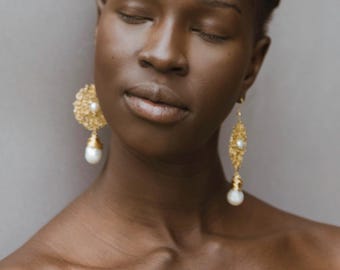 Baroque Pearl Wire Wrapped Dangle Earrings, Bold Statement Jewelry Gift
