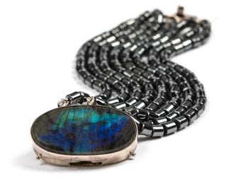 Labradorite Statement Bracelet, Beaded Hematite, Sterling Silver Clasp