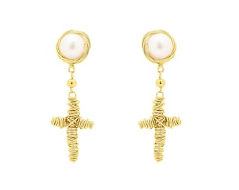 Gold-Plated Cross Dangle Earrings: Handmade Wire Wrap Jewelry for Easter, Faith & Everyday Wear