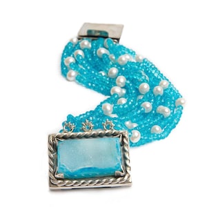 Dazzling Blue Topaz And Pearl Bracelet In Sterling Silver,  Handmade Multi Strand Statement Jewelry, Faceted Blue Topaz
