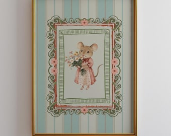 Vintage Cottagecore Mouse Wall Art | Nursery Printable Animal Illustration | Whimsical Retro Mouse Decor | Digital Download Art Print