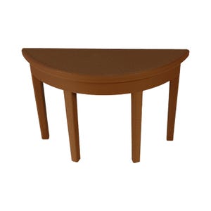 Könnte beinhalten: Ein brauner halbrunden Tisch mit drei Beinen. Die Tischplatte hat eine strukturierte Oberfläche.