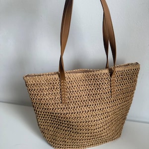 Handmade Rice Raffia Tote Bag  Woven Straw Shoulder Bag  Large Beach Tote Boho Summer Handbag  Eco-Friendly Purse