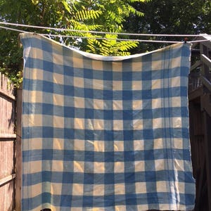 Vintage Wool Blanket throw Cream and Blue plaid camp cottage lake chic image 2