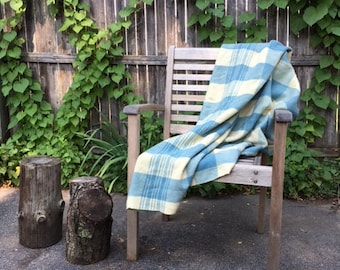 Vintage Wool Blanket throw Cream and Blue plaid camp cottage lake chic