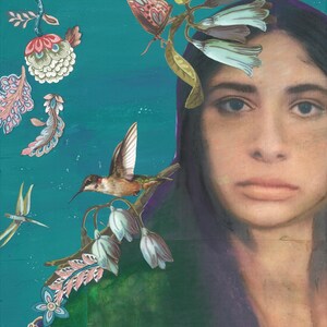 Grace in Bloom – Indian-Inspired Digital Collage Print | Ethereal Woman Portrait with Hummingbird & Floral Motifs | Feminine Nature Art