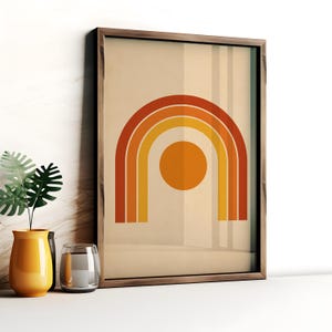 Retro Rainbow Wall Art Print – Kolorowe Słońce i Gwiazdy z Połowy Wieku, Minimalistyczny Plakat Boho, Vintage Digital Download do Nowoczesnych Pomieszczeń