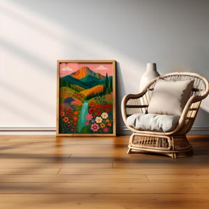 Abstract Mountain Wall Art, Colorful Patchwork Landscape Print, Modern Acrylic Nature Illustration, Vibrant Scenic Home Decor