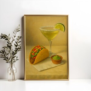 Taco & Margarita Wall Art Print – Fantazyjny obraz olejny z jedzeniem, zabawny wystrój baru, ekscentryczny plakat kuchenny, pobieranie cyfrowe