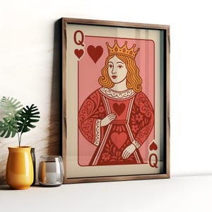 Poster Regina di Cuori - Carta da gioco retrò rosa da parete, stampa artistica preppy girly, immagine digitale romantica per San Valentino e decorazione